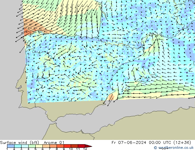 Surface wind (bft) Arome 01 Fr 07.06.2024 00 UTC