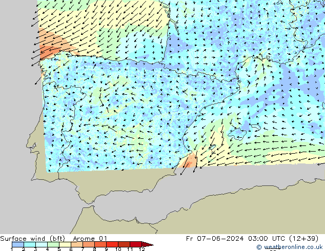 Surface wind (bft) Arome 01 Fr 07.06.2024 03 UTC