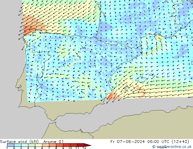 Surface wind (bft) Arome 01 Fr 07.06.2024 06 UTC