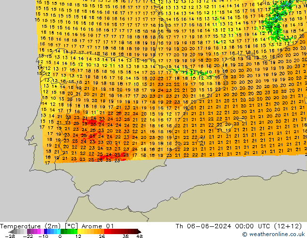 Temperatura (2m) Arome 01 gio 06.06.2024 00 UTC