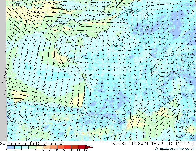 Wind 10 m (bft) Arome 01 wo 05.06.2024 18 UTC