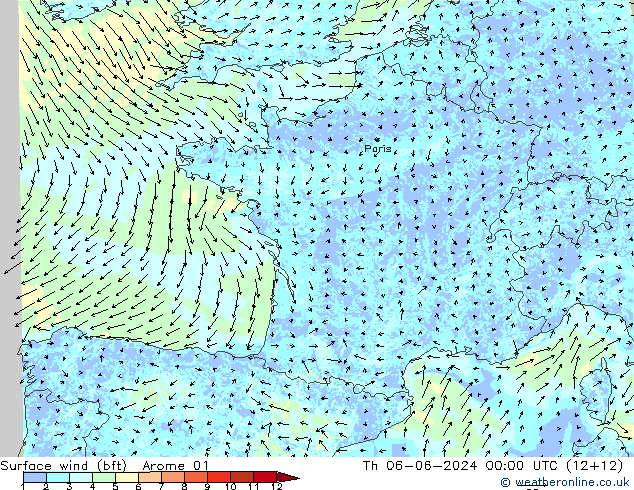 Rüzgar 10 m (bft) Arome 01 Per 06.06.2024 00 UTC