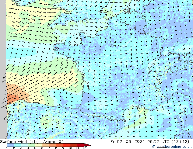 Vent 10 m (bft) Arome 01 ven 07.06.2024 06 UTC