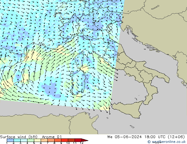  10 m (bft) Arome 01  05.06.2024 18 UTC