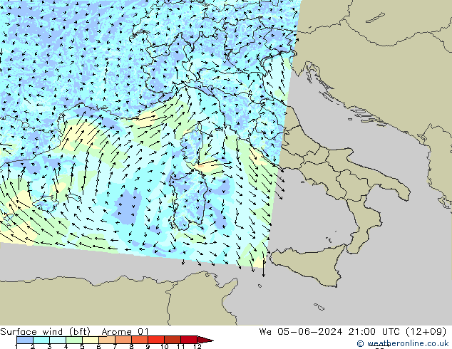 Surface wind (bft) Arome 01 We 05.06.2024 21 UTC