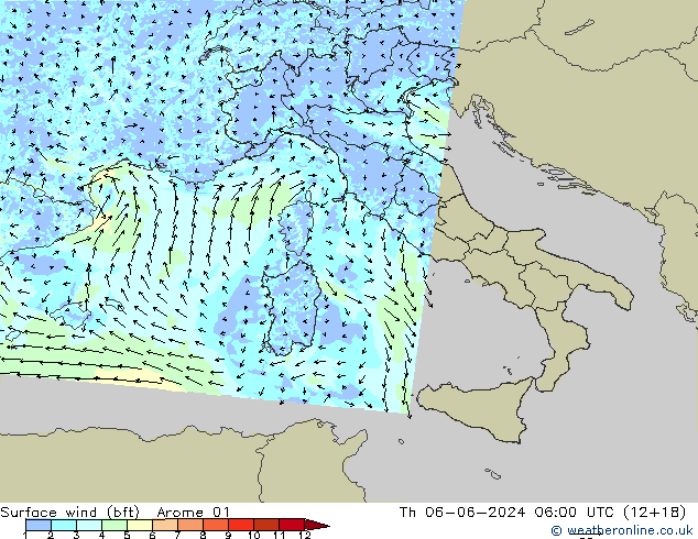 Surface wind (bft) Arome 01 Th 06.06.2024 06 UTC