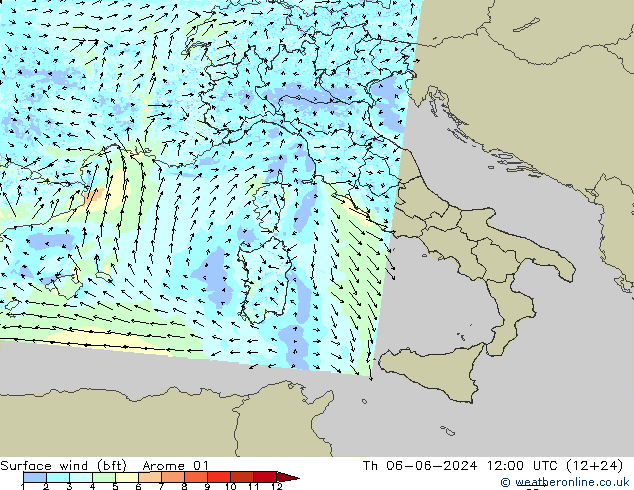 Surface wind (bft) Arome 01 Th 06.06.2024 12 UTC