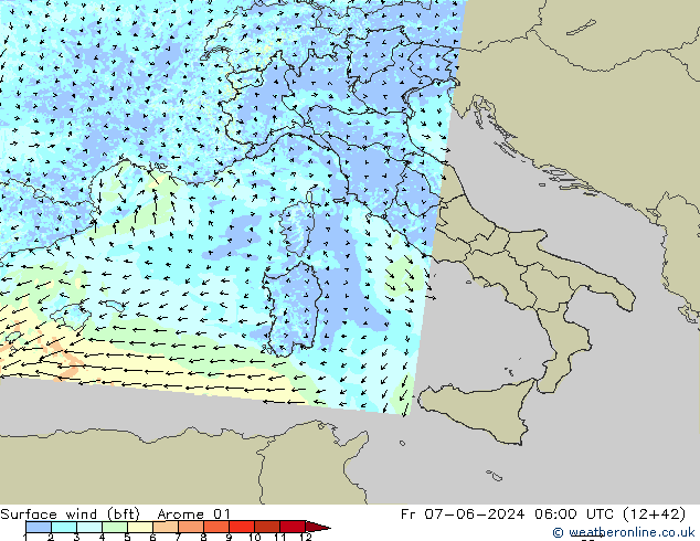 Surface wind (bft) Arome 01 Fr 07.06.2024 06 UTC