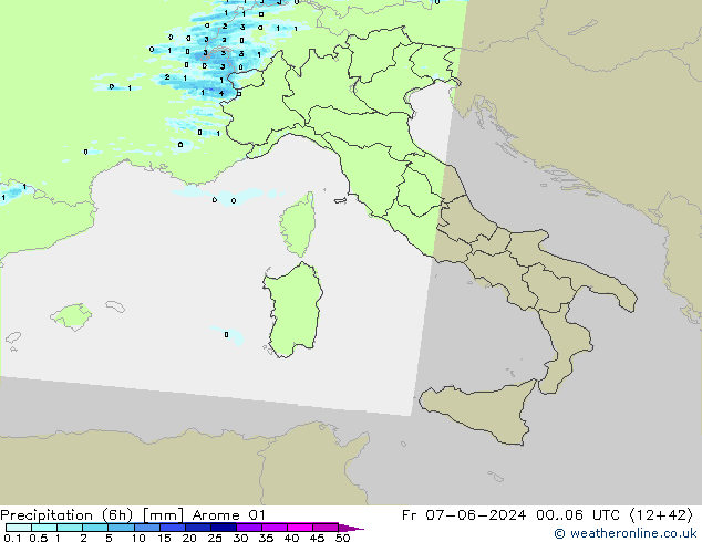 Precipitation (6h) Arome 01 Pá 07.06.2024 06 UTC