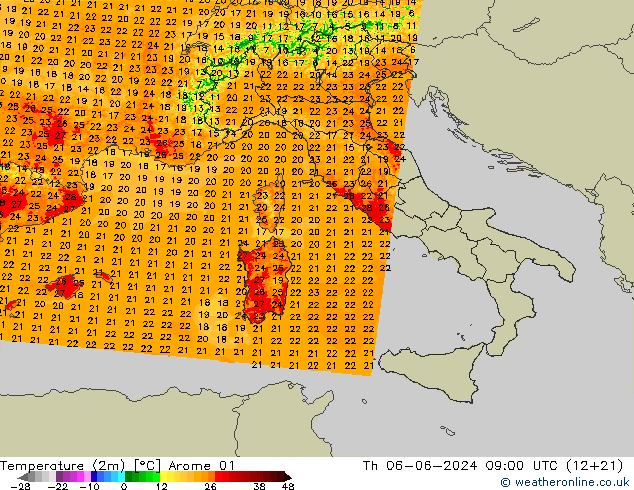 Sıcaklık Haritası (2m) Arome 01 Per 06.06.2024 09 UTC