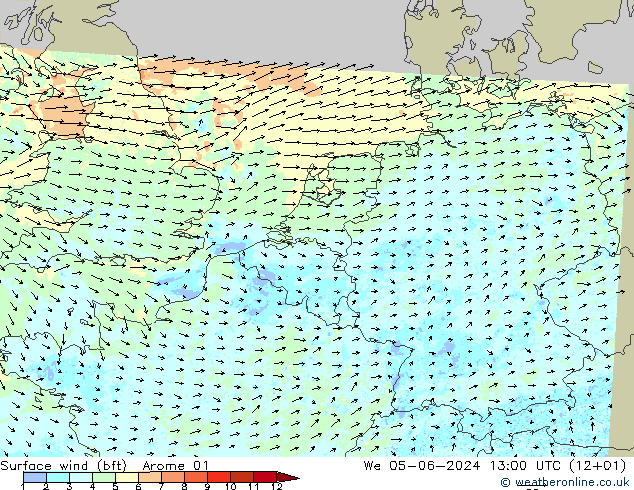 Surface wind (bft) Arome 01 We 05.06.2024 13 UTC