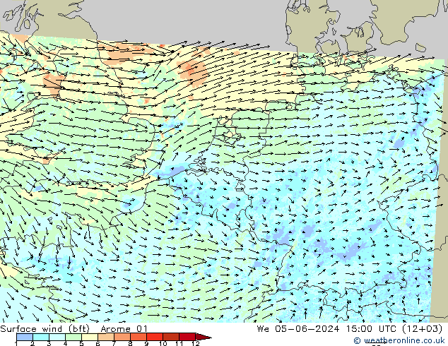 Surface wind (bft) Arome 01 St 05.06.2024 15 UTC