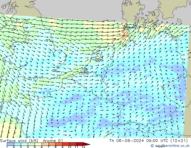 Vent 10 m (bft) Arome 01 jeu 06.06.2024 09 UTC