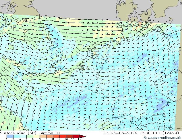 Rüzgar 10 m (bft) Arome 01 Per 06.06.2024 12 UTC