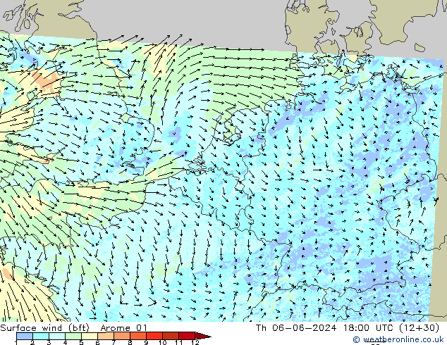 Vento 10 m (bft) Arome 01 gio 06.06.2024 18 UTC
