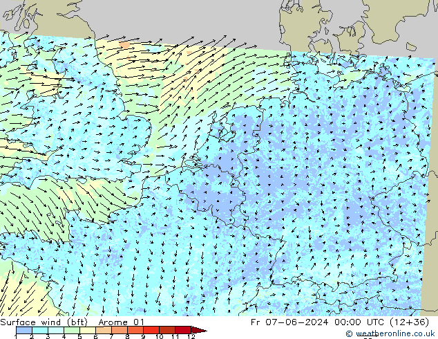 Bodenwind (bft) Arome 01 Fr 07.06.2024 00 UTC