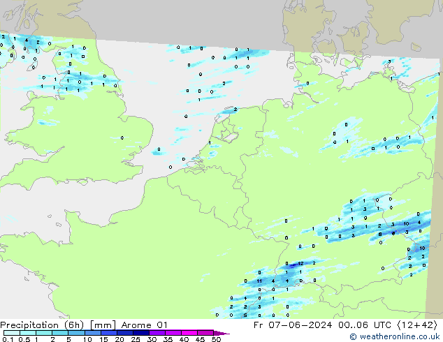 Précipitation (6h) Arome 01 ven 07.06.2024 06 UTC