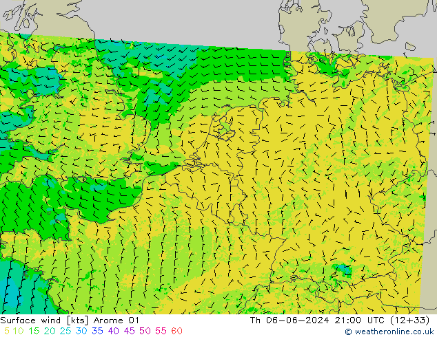 Surface wind Arome 01 Čt 06.06.2024 21 UTC