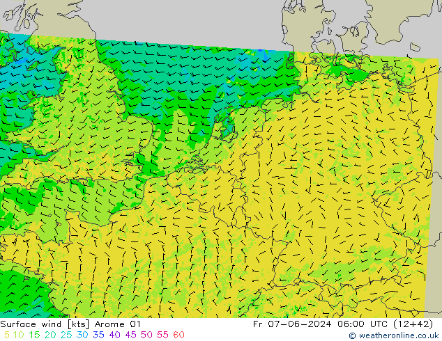 Surface wind Arome 01 Fr 07.06.2024 06 UTC