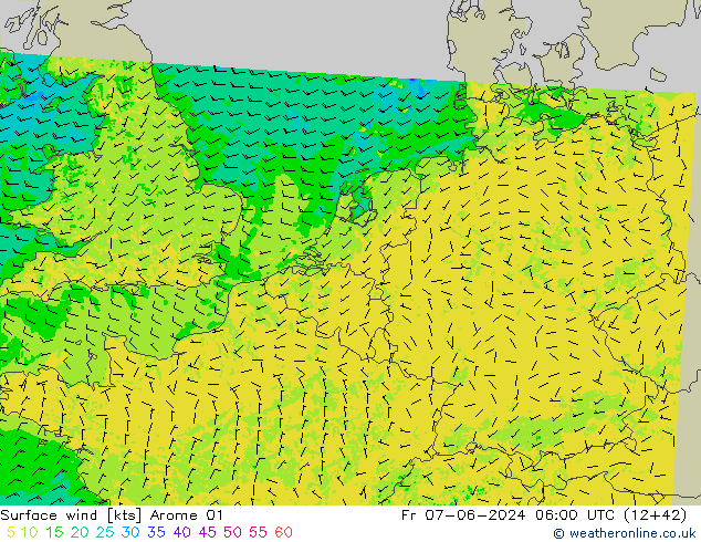 Rüzgar 10 m Arome 01 Cu 07.06.2024 06 UTC