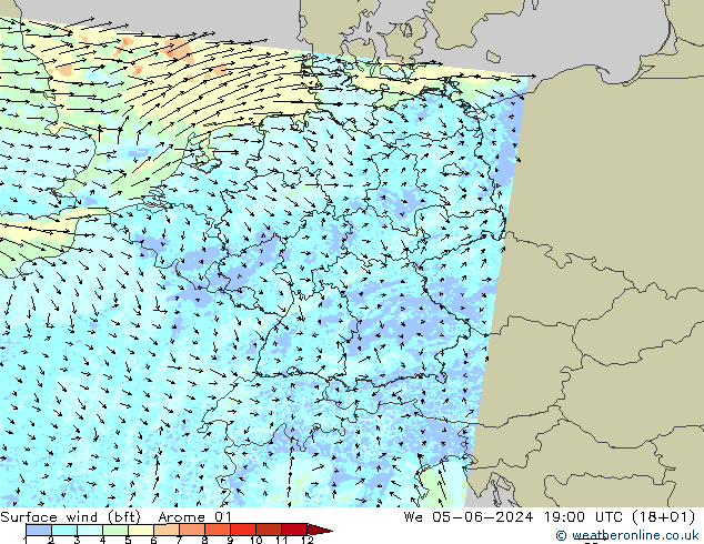 Vent 10 m (bft) Arome 01 mer 05.06.2024 19 UTC