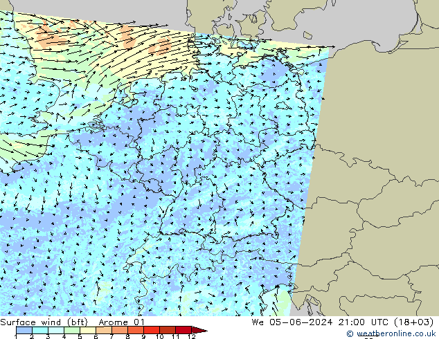 Viento 10 m (bft) Arome 01 mié 05.06.2024 21 UTC