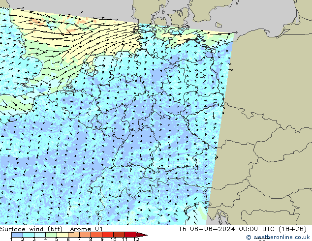 Surface wind (bft) Arome 01 Čt 06.06.2024 00 UTC