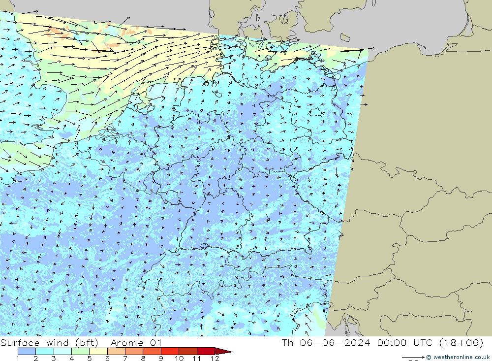 Surface wind (bft) Arome 01 Th 06.06.2024 00 UTC