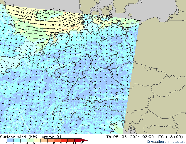 Vento 10 m (bft) Arome 01 gio 06.06.2024 03 UTC