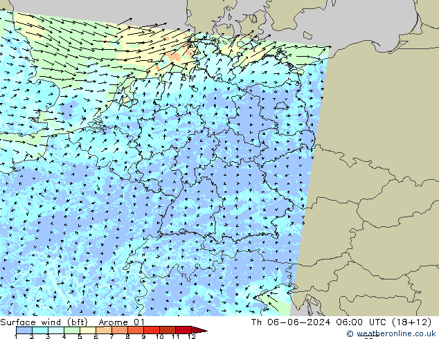 Surface wind (bft) Arome 01 Čt 06.06.2024 06 UTC