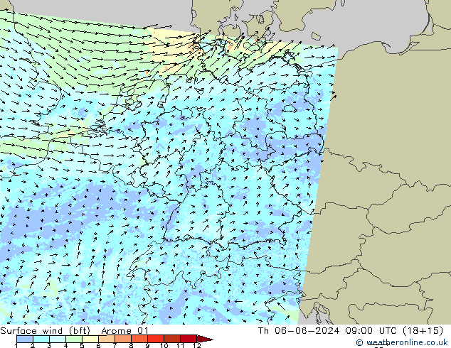 Surface wind (bft) Arome 01 Čt 06.06.2024 09 UTC