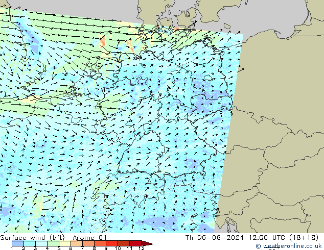 Wind 10 m (bft) Arome 01 do 06.06.2024 12 UTC