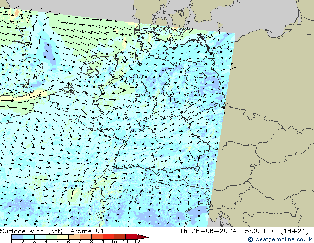 Surface wind (bft) Arome 01 Th 06.06.2024 15 UTC