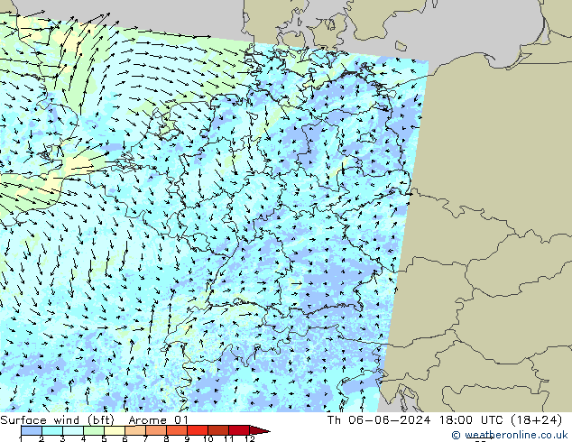 Surface wind (bft) Arome 01 Čt 06.06.2024 18 UTC