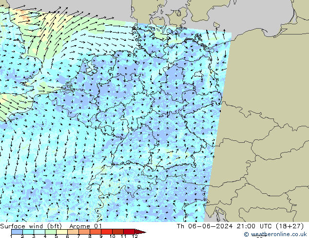 Vent 10 m (bft) Arome 01 jeu 06.06.2024 21 UTC