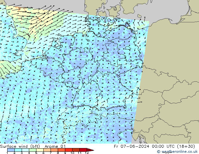 Vento 10 m (bft) Arome 01 Sex 07.06.2024 00 UTC