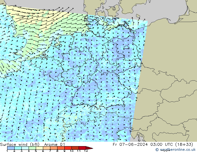 Wind 10 m (bft) Arome 01 vr 07.06.2024 03 UTC