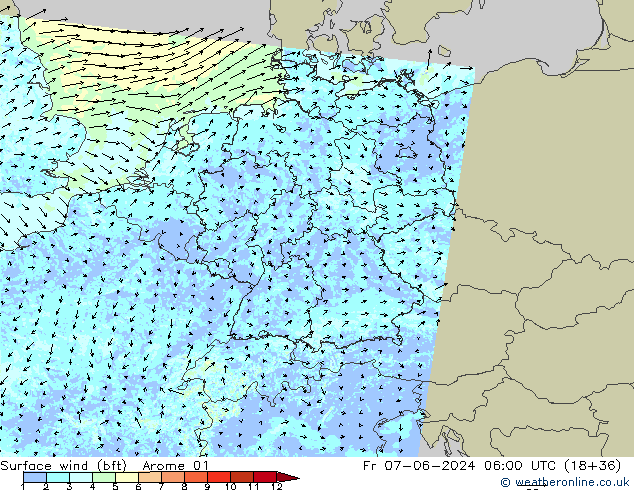 Vent 10 m (bft) Arome 01 ven 07.06.2024 06 UTC