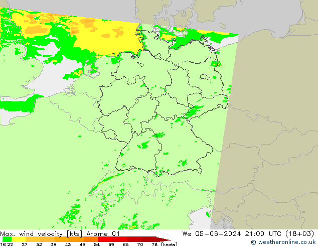 Max. wind velocity Arome 01 We 05.06.2024 21 UTC