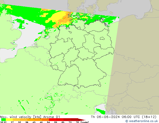 Max. wind velocity Arome 01 Th 06.06.2024 06 UTC