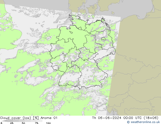 Cloud cover (low) Arome 01 Th 06.06.2024 00 UTC