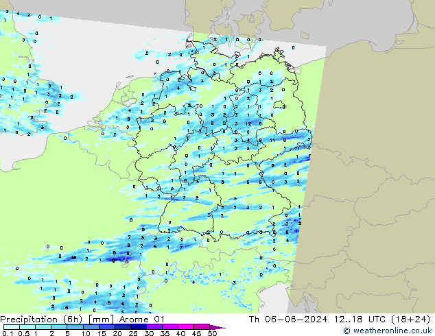 Totale neerslag (6h) Arome 01 do 06.06.2024 18 UTC