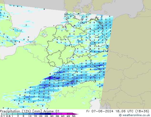 Precipitation (12h) Arome 01 Fr 07.06.2024 06 UTC