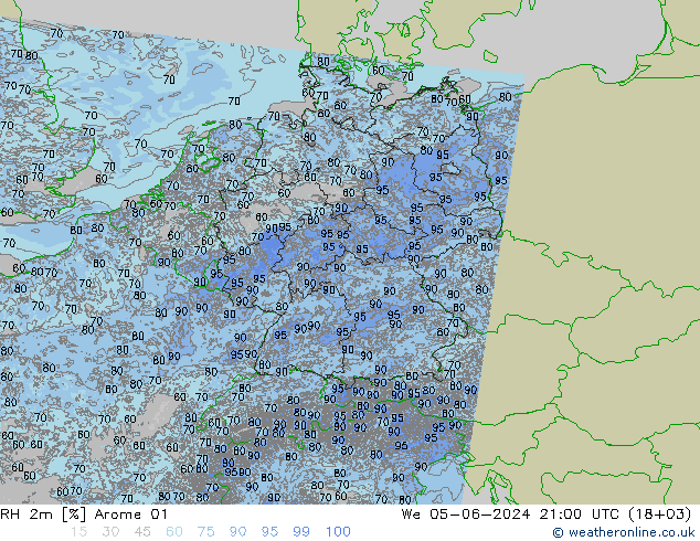 RH 2m Arome 01 星期三 05.06.2024 21 UTC