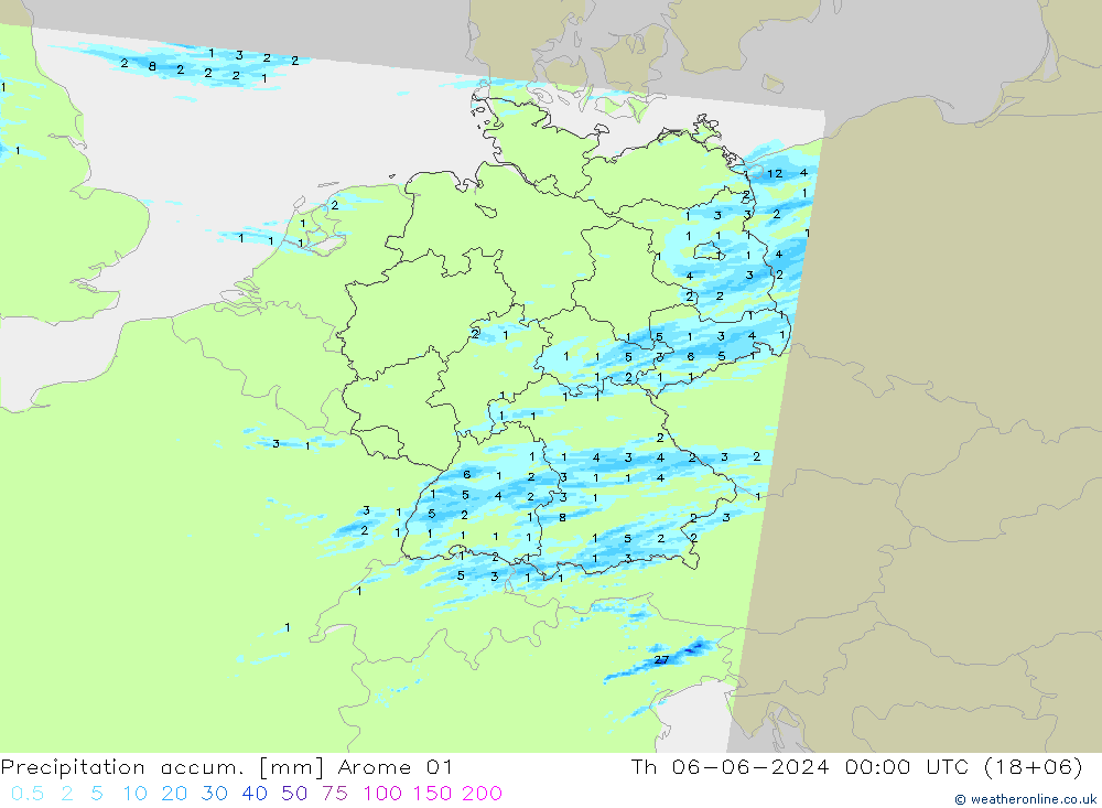 Precipitation accum. Arome 01 Čt 06.06.2024 00 UTC