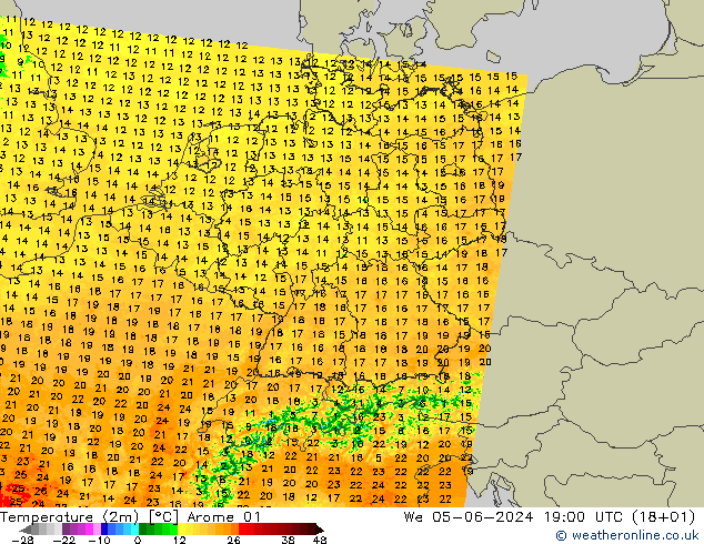 Temperature (2m) Arome 01 St 05.06.2024 19 UTC