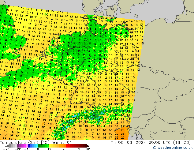 Temperature (2m) Arome 01 Čt 06.06.2024 00 UTC