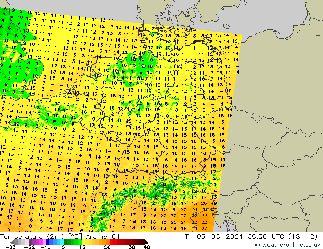 Temperatuurkaart (2m) Arome 01 do 06.06.2024 06 UTC