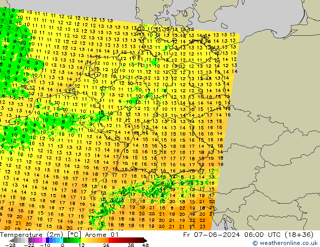 Temperature (2m) Arome 01 Fr 07.06.2024 06 UTC