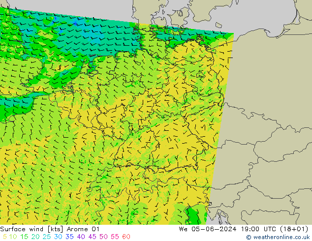 Rüzgar 10 m Arome 01 Çar 05.06.2024 19 UTC